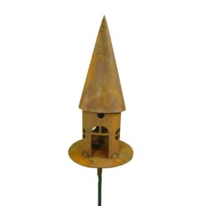 Vogelhuisje rond met grondstang, hoogte 43 cm met hoekige ramen, roest design