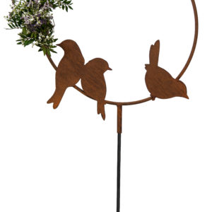 Decoratieve vogelring vertikaal voorzien van 6 vogels, tuinsteker, roest design