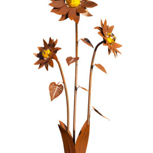 Decoratieve zonnebloem voorzien van drie glazen bollen, roest design