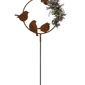 Decoratieve vogelring vertikaal voorzien van 4 vogels, tuinsteker, roest design